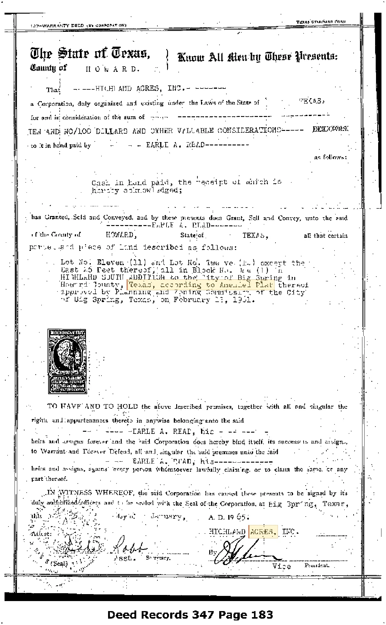 Highland Acres, Inc. Warranty Deed & Amended Plat of Highland South Addition Reference